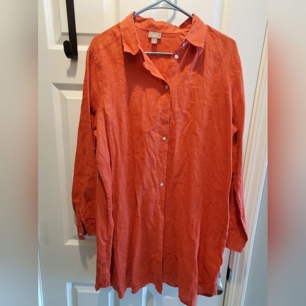 J. Jill Long Sleeve Tunic Dress in Rust Orange 100% Linen